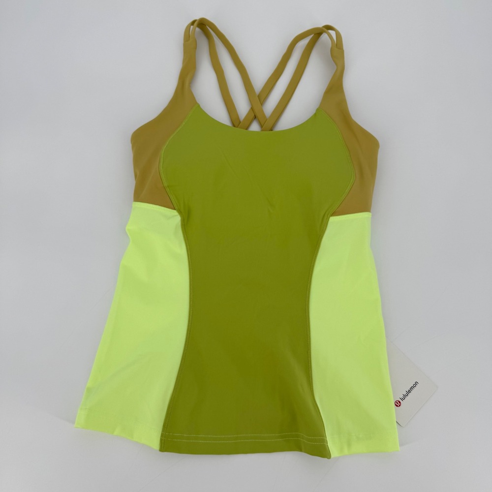 Lululemon Energy Tank Colorblock Green Yellow Tan Built-In Bra Size 4‎ NWT
